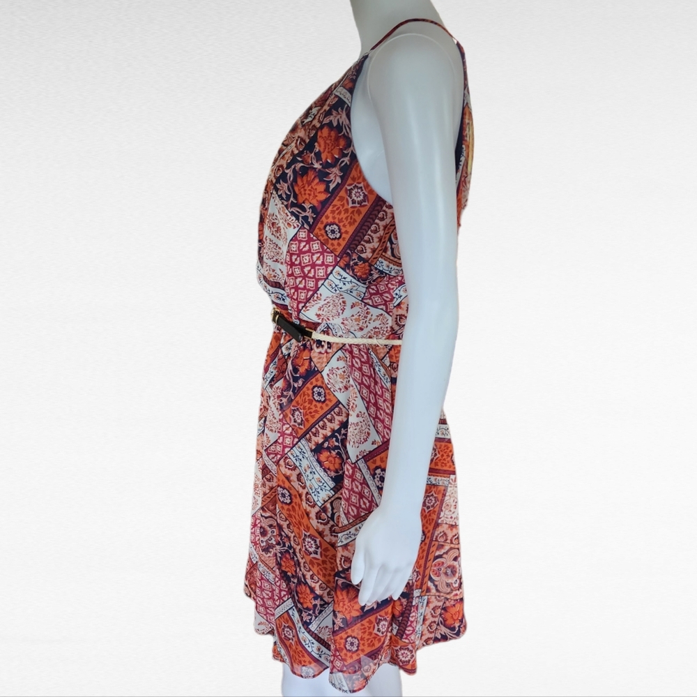 By & By Red Patchwork Pattern Belted Halter Mini … - image 3
